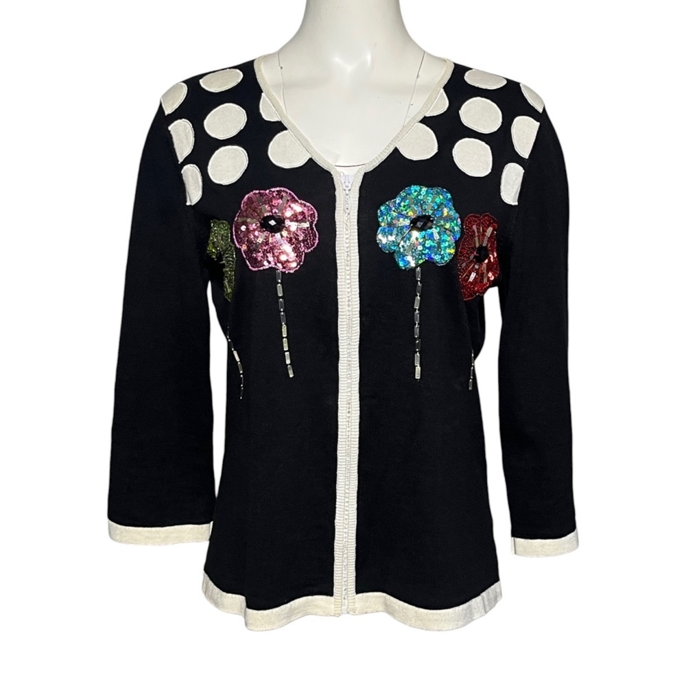 Jack B Quick Vintage Sweater Black Sequin Flower Lightweight Cardigan Size M